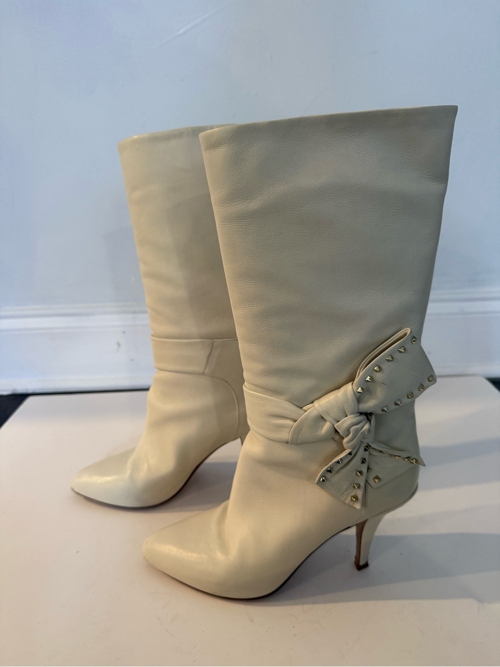 Valentino Ivory Mid-Calf Heeled Boots with Studded Bow